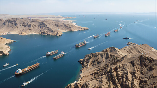Tankers and freight vessels navigating through narrow strait between desert mountains. Concept of international shipping lane and maritime logistics.
