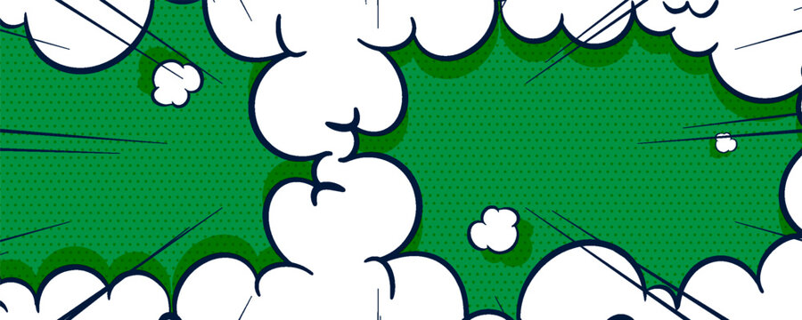 Green comic book style background featuring dynamic speed lines and stylized palm fronds, creating a sense of motion and tropical vibe.