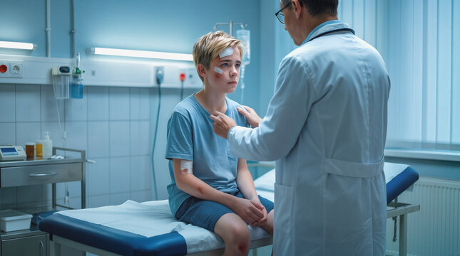 Injured preteen boy receiving medical care from doctor in hospital emergency room. Pediatric patient with facial bandages and bruises during clinical examination.