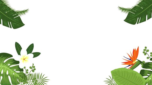 Animated tropical botanical border with exotic leaves and flowers on white background