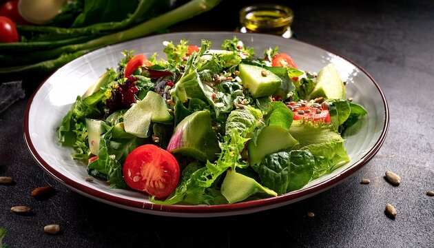 delicious and healthy green salad of different leaves and vegetables with seeds and olive oil