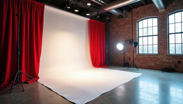 Modern photo studio with white backdrop red curtains and pro lighting equipment. Industrial brick walls large windows create unique background for shoots. Space for creative projects.