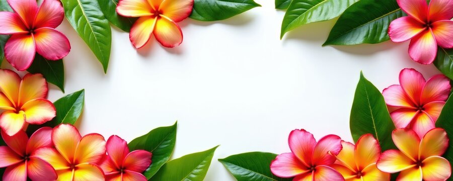 Colorful plumeria flowers with green leaves arranged on white background. Tropical floral border suitable for summer and luau themes, conveying paradise and vacation.