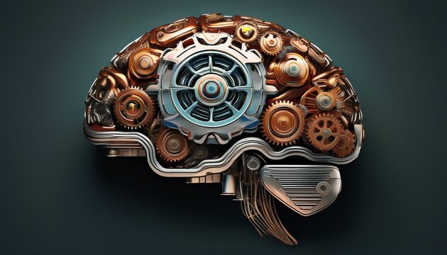 metalic brain made from engine parts represent engineering idea conception