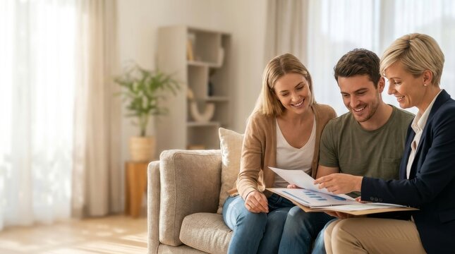 Female Real Estate agent offers home ownership and life insurance to young couple. female financial advisor at home with large copy space, real estate and investment planning concept
