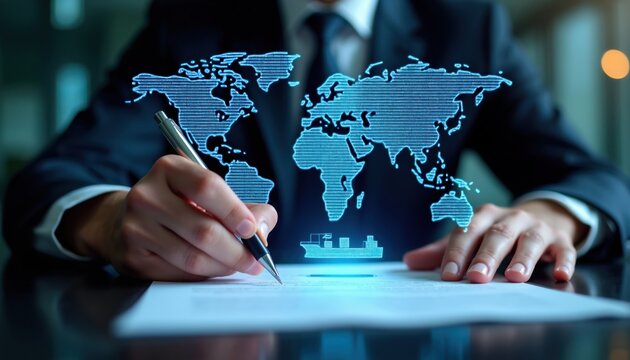 Man signs global trade contract. Digital world map and cargo ship hologram project over document. International business, shipping logistics and import export concept.