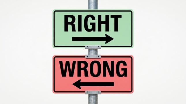 Right and Wrong Direction Signs on White Background for Decision Making Concept