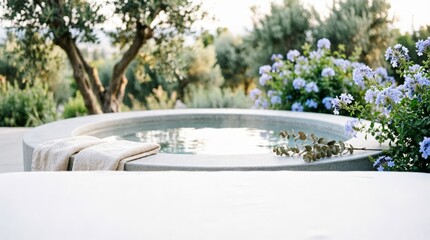 Fototapeta premium Circular Stone Bathtub with Towels and Blue Flowers in Garden for Relaxation Concept