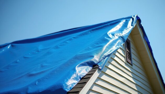 House roof covered with blue tarp for temporary weather protection. Shingles and siding visible on building exterior. Emergency repair and home maintenance task.