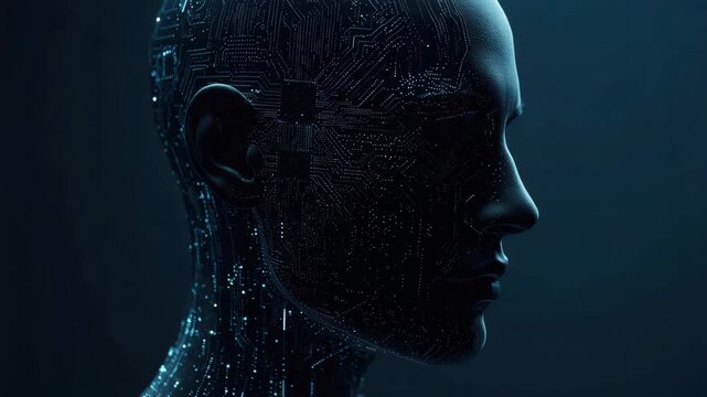 Ai humanoid profile with illuminated circuit patterns conveying futuristic intelligence and calm