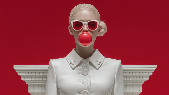 White classical statue bust of a girl wearing red sunglasses and blowing bubble gum on red background. Modern pop art and youth culture concept