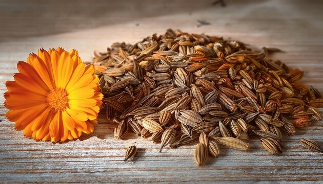 harvested calendula officinalis pot marigold seed head and dried seeds on a wooden garden table with filtered light part of a series