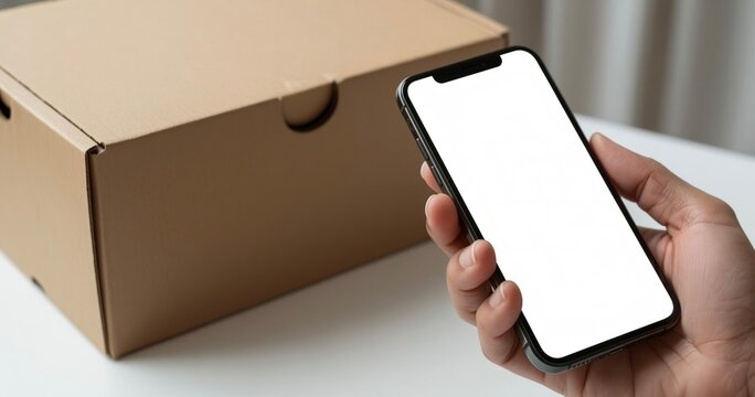 Hand Holding Smartphone with Blank Screen Next to Cardboard Box for Ecommerce Marketing