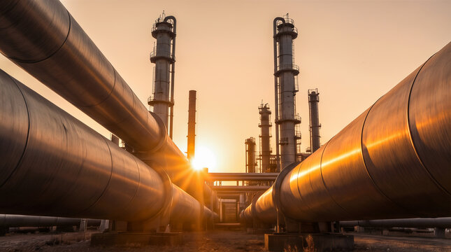 Refinery pipelines and distillation towers at sunset. Heavy industry infrastructure for fuel production and processing during golden hour.