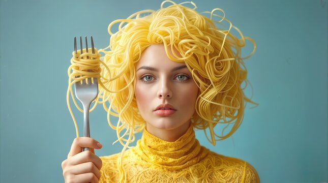 Woman with hair made of yellow pasta holding a fork. Surreal food art concept featuring a person with noodle hairstyle against a blue background.