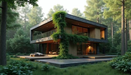 Obraz premium Modern home design blends with forest environment. Sleek architecture features wood, glass, terraces. Green vines climb structure, creating natural aesthetic. Peaceful dwelling offers tranquil living.