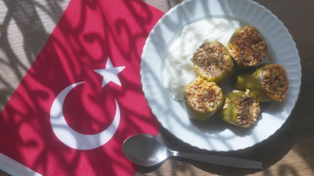 Close-up of Aegean style stuffed grape leaves on the Turkish flag