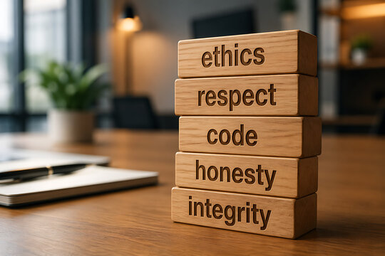 Stacked wooden blocks with engraved words ethics respect code honesty integrity, representing moral values business principles and professional standards in modern workplace environment