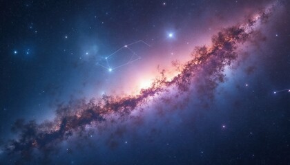 Fototapeta premium Cosmos with bright star cluster and nebula. Galactic dust clouds swirl in deep space. Constellations connect stars creating patterns in the universe.