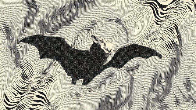 Abstract composition of a flying bat silhouette filled with a hypnotic optical illusion pattern of undulating white and grey stripes