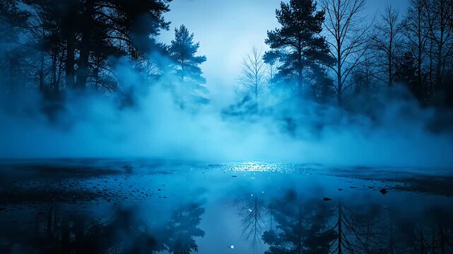 Eerie blue mist reflecting on wet forest road at night