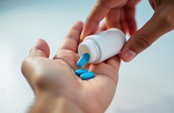 Person pours blue PrEP pills from white bottle into open hand. HIV prevention medicine for safe sex. Daily exposure prophylaxis treatment for health.