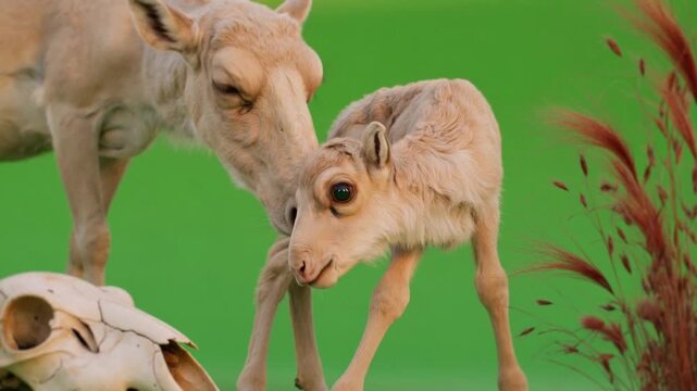 Saiga Antelope Mother and Calf on Green Screen Background. 4k Video
