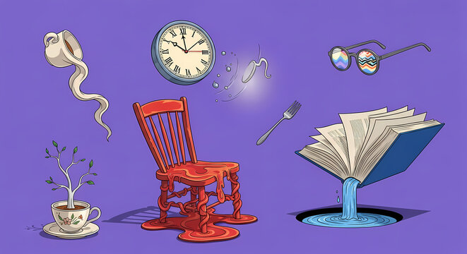 Surreal illustration of melting objects and impossible scenarios on a purple background, featuring a melting chair, flowing book, and floating items.