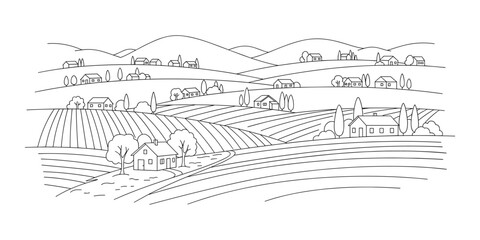 Fototapeta premium Rural landscape with hills farm houses and agricultural fields in line art vector.