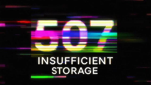 Glitch digital error screen presenting 507 Insufficient Storage HTTP status code over distorted neon cyber network background