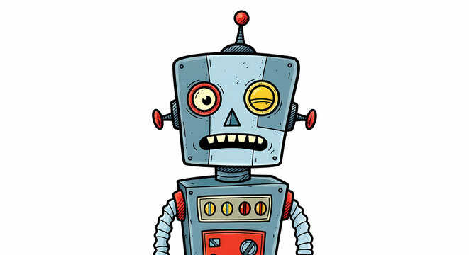 A detailed illustration of a vintage-style cartoon robot with mismatched eyes and a worried expression, featuring exposed gears and metallic textures.