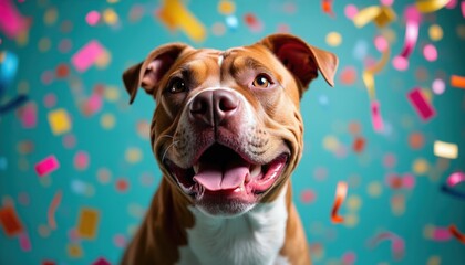Fototapeta premium Happy pitbull dog smiles during a party with colorful confetti falling. Dog celebrates birthday with festive streamers and balloons. Fun canine enjoys special event with joyful expression.