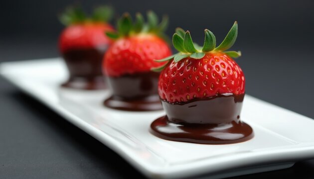 Three red strawberries dipped in dark chocolate sit on a white plate. This sweet fruit dessert looks delicious and is ready to eat. It is a studio shot with nice lighting.