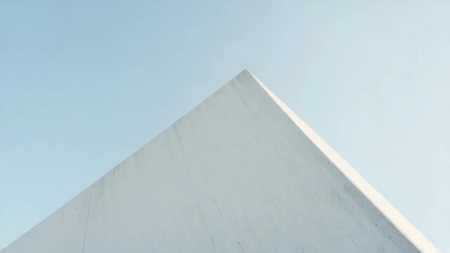 Minimalist concrete building corner against pale blue sky with soft sunlight and calm mood