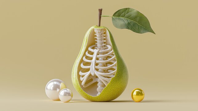 Surreal concept of a green pear cut in half revealing a human ribcage and spine inside. Bone health, diet, medical nutrition and anatomy metaphor