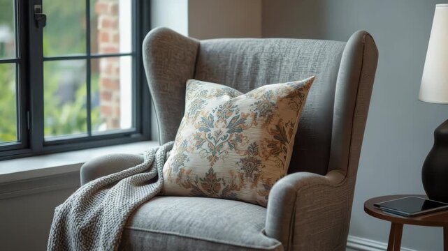 Cozy wingback chair with patterned cushion and knit throw by window warm inviting light
