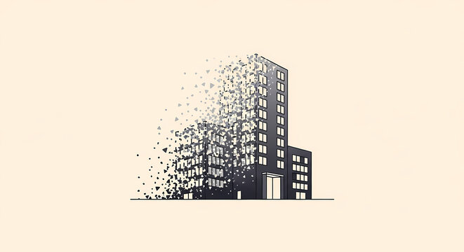 A modern building disintegrating into small particles, symbolizing decay or digital breakdown.