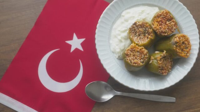 Close-up of Aegean style stuffed grape leaves on the Turkish flag