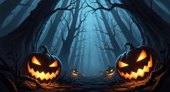 Spooky halloween night jack o' lanterns in a dark forest