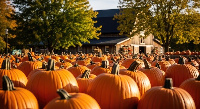 Autumnal pumpkin patch scene with farmhouse background and vibrant fall foliage