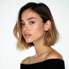 Fototapeta premium Portrait of young woman with bob haircut and highlights looking aside. Natural makeup and flawless skin. Off shoulder black top. Clean white background studio shot.