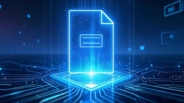 Glowing digital document file icon floating above futuristic data network representing information storage
