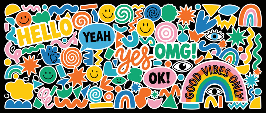 Vibrant and Playful Doodle Art Poster with Retro-Inspired Emotions and Shapes