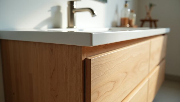 Modern wooden bathroom vanity close-up. Light wood drawers and sink countertop with chrome faucet. Clean interior design, home decor detail.