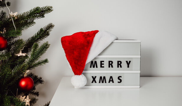merry xmas text on light box near fir tree. christmas background