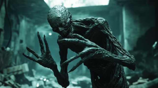 Grotesque monster creature with long claws in a dark abandoned interior. Dilapidated building with eerie greenish-blue light