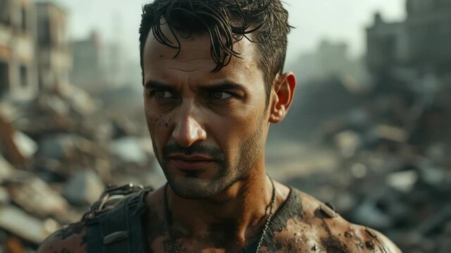 Rugged survivor with dirt and scarred face, determined rugged male ruined urban battlefield intense