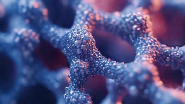 Macro molecular network texture with abstract particle beads and glowing blue orange microscopic