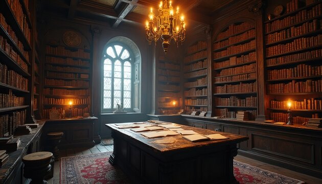 Old library room filled with books on shelves and tables. Ancient books sit on wooden shelves, illuminated by a chandelier and lamps. Large window lets in light.