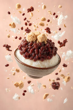 Floating Patbingsu with Shaved Ice, Red Beans and Rice Cakes on Beige Background